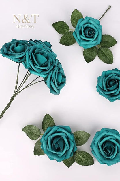 N&T NIETING Artificial Flowers Foam Roses 25 pcs Peacock Green Fake Roses w/Stem for DIY Home Decor Indoor Outdoor Centerpieces Arrangements Bouquets