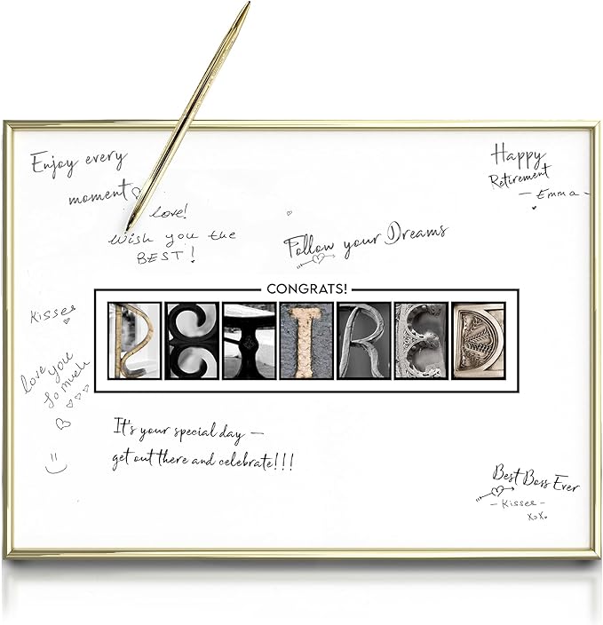 Framed Gold Retirement Decorations Guest Book for Men - 12"x16" Large Sign Poster including Gold Pen & Acrylic Glass - Retired Party favors, Table Centerpieces Plaque