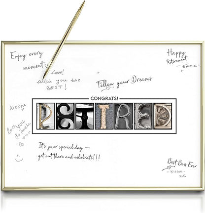 Framed Gold Retirement Decorations Guest Book for Men - 12"x16" Large Sign Poster including Gold Pen & Acrylic Glass - Retired Party favors, Table Centerpieces Plaque