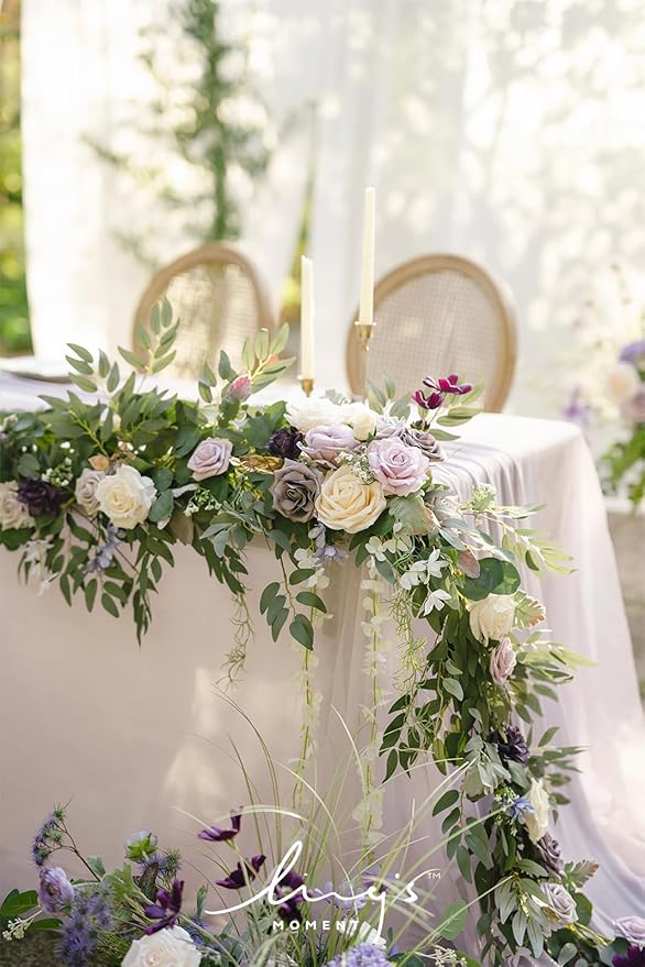 Ling's Moment 9FT Flower Garland for Backdrop Decorations - Wedding Arch Flowers, Eucalyptus & Rose, Artificial Floral Garland for Mantel - Sweetheart Table Decor for Ceremony Reception, Lilac & Gold