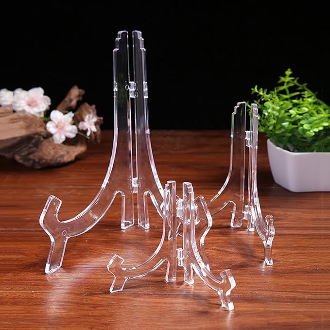 12 Pack 7 Inch Clear Plastic Easels or Stand/Plate Holders to Display Pictures or Other Items at Weddings, Plate Stands for Home Decoration, Birthdays, Tables