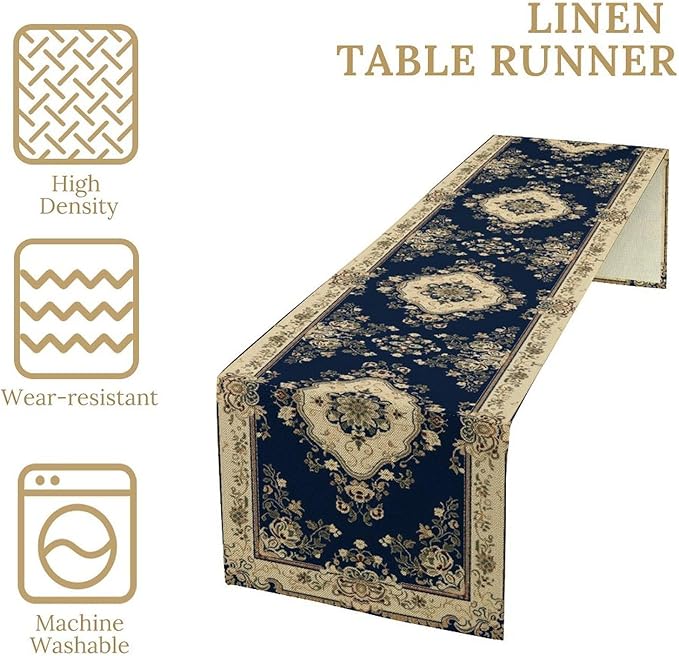 Vintage Elegant Farmhouse Table Runner Blue Beige Flower for Home Farmhouse Kitchen Table Dining Coffee Room Garden Party Wedding Decor 13x108in