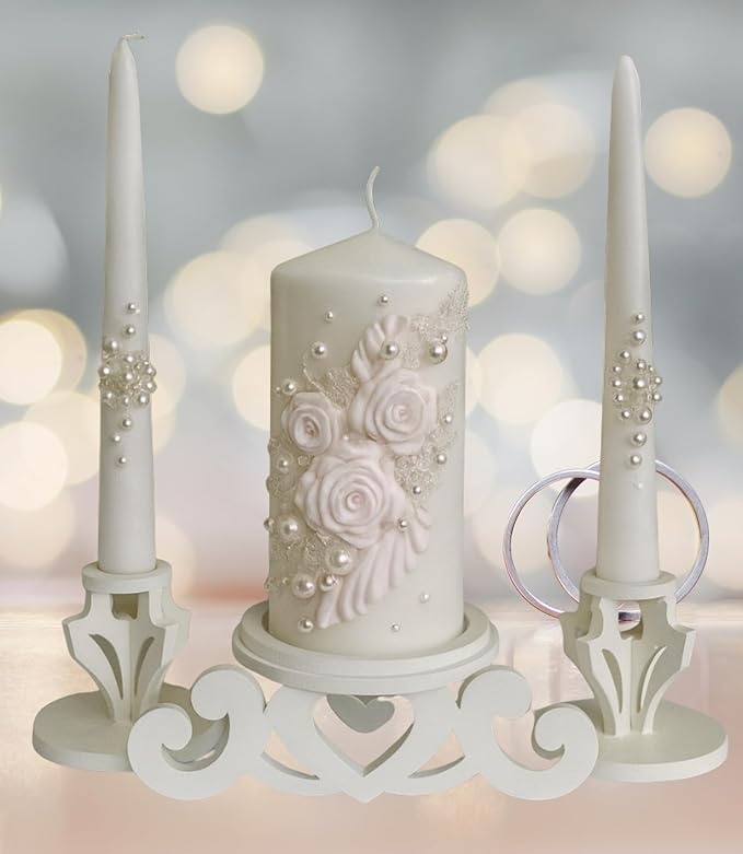 Unity Candle Set - Wedding Ceremony & Reception – 6” Pillar & Two 10” Taper Candles – Long Burning Unity Candles for Marriage Ritual – Handmade in USA – White|Florals|Classic
