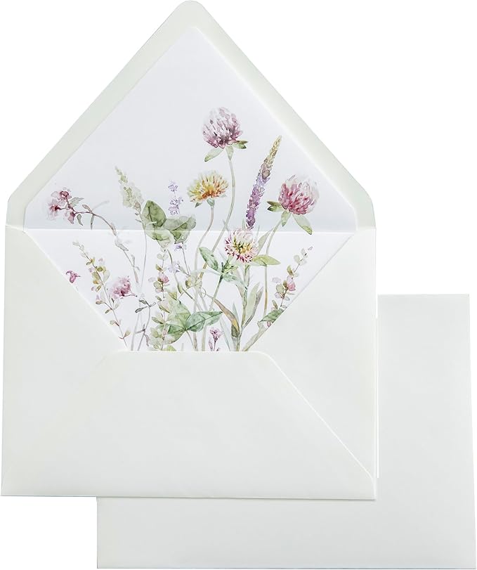 PONATIA 50PCS A7 Euro Flap Ivory Envelope, 5.25 x 7.25'' Wild Flowers Liner Envelopes for Wedding Invitations, Photos, Postcards, Greeting Cards, Christmas Gift Cards, Acrylic Mailing, 5x7 Envelopes