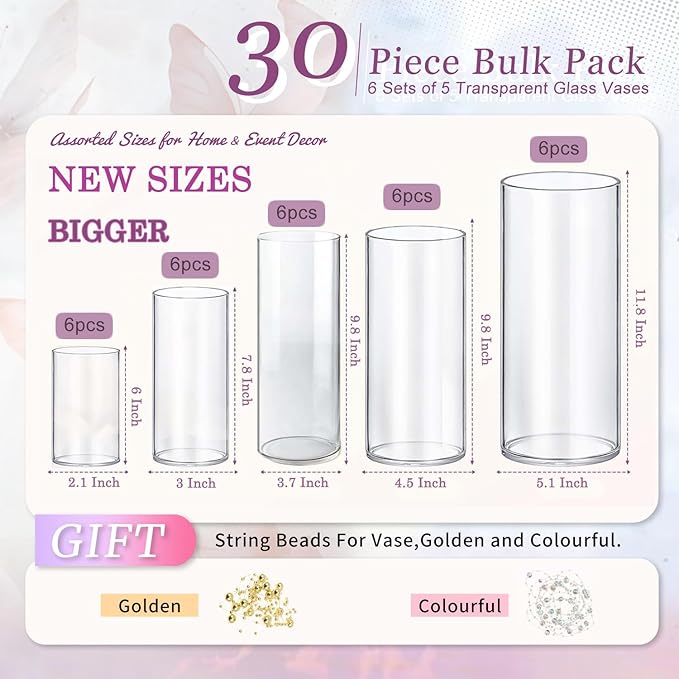 30pcs 11.8Inch Large Size Glass Vase Cylinder for Centerpieces Small Flower Glass Clear Home Decor Centerpiece Table Flower Vase Decorations for Wedding＆Holiday 6,7.9,10,10,11.8Inch Tall
