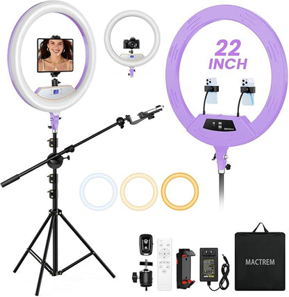 Ring Light 22inch Kit: Ring Light Tripod for iPhone ipad, with 75" Tripod/LCD Display/2 USB Ports Overhead Phone Mount for Video Recording, Zoom Meeting,YouTube,TikTok (Purple)