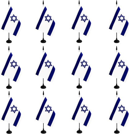 Israel Desk Flag, 12 Pack Israeli Table Office Flag with Black Solid Pole and Stand Base, International Country Flag, Festival Celebration, Classroom Meeting Desktop Decor (Israel)