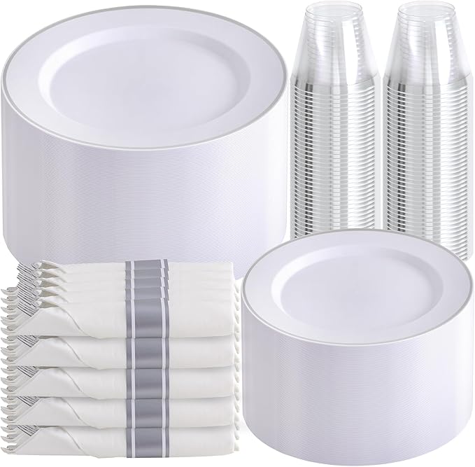SUT 350 Pcs Silver Plastic Dinnerware Set for 50 Guests, Include: 50 Dinner Plates, 50 Dessert Plates, 50 Pre Rolled Napkins with Silver Silverware, 50 Cups, disposable plates for wedding, party