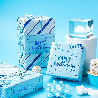 LeZakaa Reversible Blue Birthday Wrapping Paper Roll for Boys Men, Happy Birthday Lettering & Stripe Pattern with Metallic Foil in Blue, Mini Roll, 17 inches x 32.8 Feet (46.45 sq.ft.)