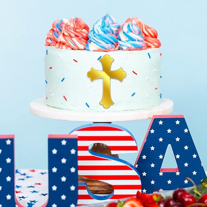 Blulu 16 Pieces Baptism Cake Toppers Crossing Cupcake Toppers Gold Mirror Acrylic Cake Picks Baptism Decor Christian Decorations(Vivid Style)