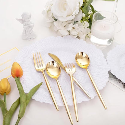 SUT 150PCS Gold Plastic Silverware, Plastic Utensils,Gold Silverware Disposable,Disposable Utensils Heavy Duty,Plastic Cutlery Set,Includes:50 Knives, Forks and Spoons for Party, Birthday,Wedding