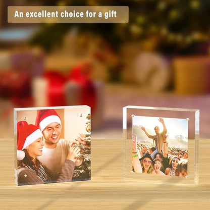 HELPLEX 2 Pack 8x8 Acrylic Picture Frames, 24mm Thicker Square Frameless Clear Frame Double Sided Magnetic Frame, Free Standing Desktop Display Stand