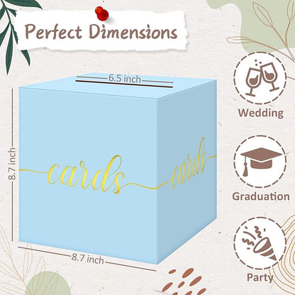 QIKSION Light Blue Wedding Card Box, Gold Foil Gift Card Box for Party, Wedding Reception, Birthday, Baby Shower, Raffle, Graduation