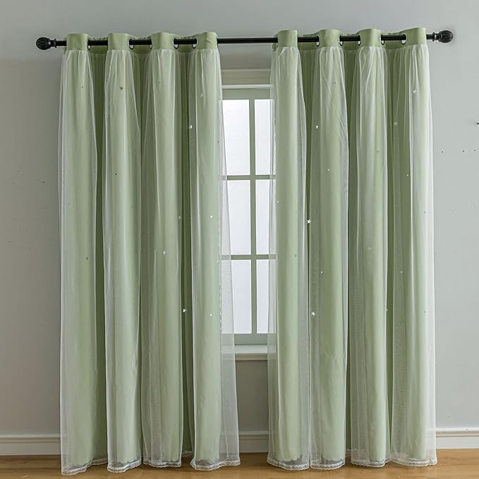 FANLI 2 Panels Star Blackout Curtains for Kid Girls Bedroom Living Room Darking Stripe Double Layer Star Cut Out Wall Home Decor Gradient Grommet Window Curtains (Green 84L)