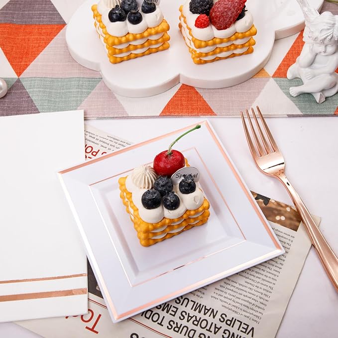Festiva 350Pcs Rose Gold Plates and Napkins Party Supplies-Square White and Rose Gold Disposable Dinnerware include Plates Cups Cutlery Napkins for 50 Guests Wedding &Party&Mother's Day