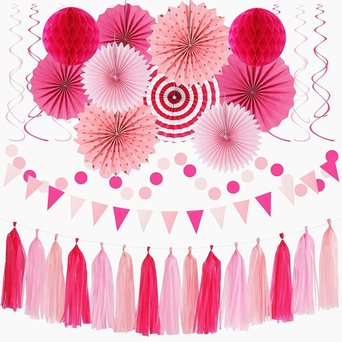 Hot-Pink Rose Red Party-Decorations - 33pcs Banner,Streamers Tassel Garland,Tissue Pom Poms Honeycomb,Paper Lanterns Fan,Birthday Wedding Bridal Baby Shower Bachelorette Engagement Decor Hugtmr
