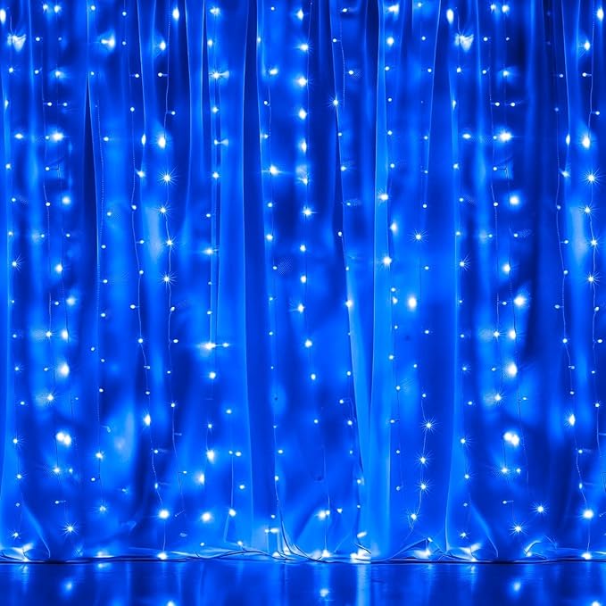 Dazzle Bright 300 LED Curtain String Lights, Christmas Fairy Lights for Bedroom with 8 Lighting Modes, Connectable Waterproof Window Lights Party Wedding Garden Wall Decor, Blue
