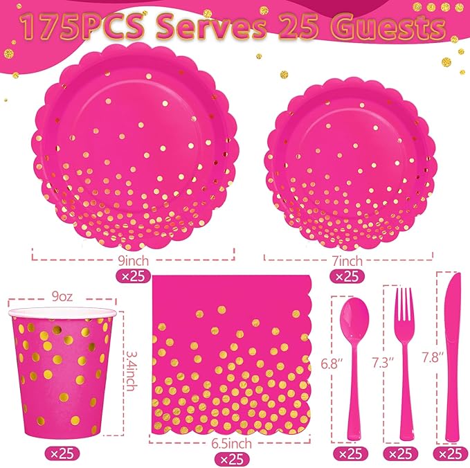175Pcs Pink Party Supplies, Hot Pink Paper Plates and Napkins Include Scalloped Plates Napkins Cups Plastic Cutlery Set for Bridal Shower Girl Birthday