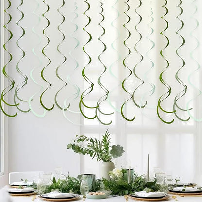 36Pcs Olive Green Hanging Swirl Decorations Ombre Sage Green Felt Swirl Streamer Spiral Ceiling Garland for Neutral Baby Shower Birthday Wedding Engagement Safari Jungle Woodland Party Supplies