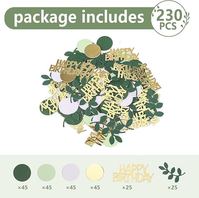Sage Green Happy Birthday Confetti, Birthday Table Decorations Scatter Green Gold Foil Cake Confetti Decorations for Party, Baby Shower DIY Arts Crafting 230 Pcs