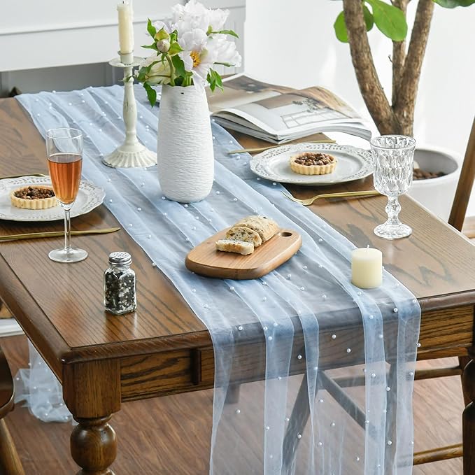 Artoid Mode Pearl Blue Gauze Table Runner 59x120 Inch , Seasonal Sheer Kitchen Dining Holiday Wedding Birthday Baby Shower Table Decor for Home Party