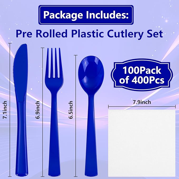 400PCS Pre Rolled Blue Plastic Silverware Sets - Heavy Duty Blue Cutlery - Include 100 Pack Wrapped Disposable Utensils with Napkins for Parties & Dinners & Weddings