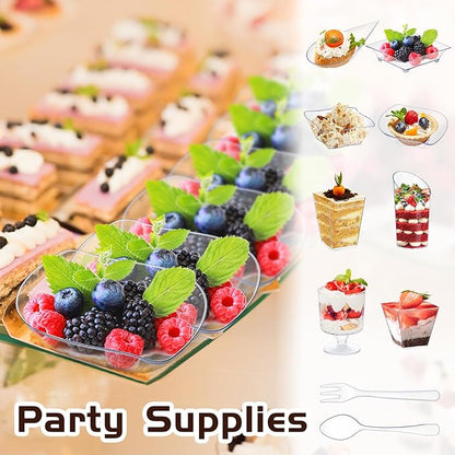 Tessco for you 160 Pcs Mini Appetizer Plates Dessert Cups Spoons Forks Set Dessert Containers Assorted Shape Plastic Parfait Cups Disposable Spoon Forks for Party Serving (Clear)
