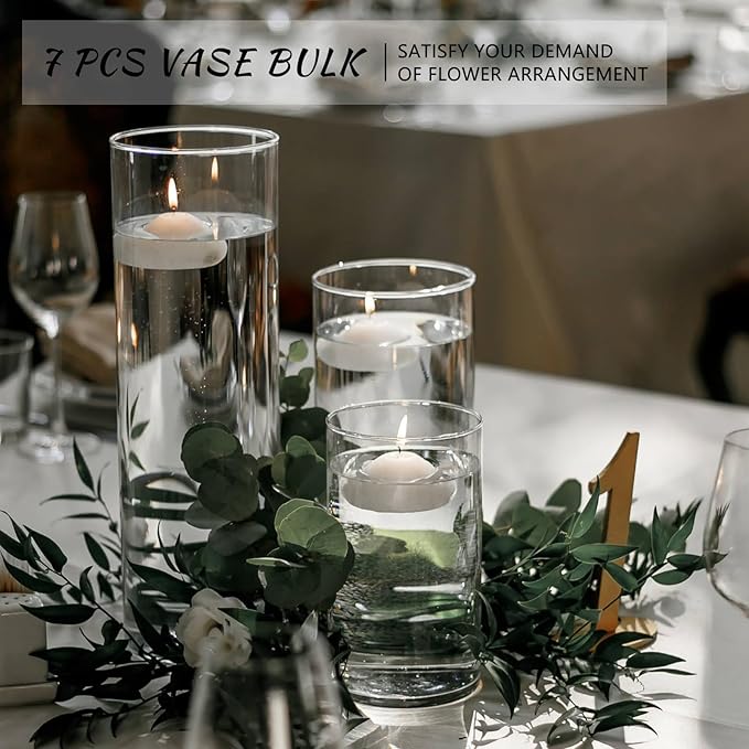 7Pcs Glass Cylinder Vase for Centerpieces 10 Inch Tall Clear Glass Flower Vase Bulk, Glass Hurricane Candle Holder Floral Vases for Table, Floating Candle Vases for Wedding Home Décor