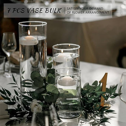 7Pcs Glass Cylinder Vase for Centerpieces 10 Inch Tall Clear Glass Flower Vase Bulk, Glass Hurricane Candle Holder Floral Vases for Table, Floating Candle Vases for Wedding Home Décor