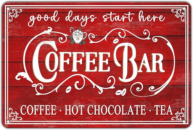 Vintage Christmas Coffee Bar Tin Sign - Kitchen Decor, Tea Bar Accessories, Hot Chocolate Station - 8x12Inch