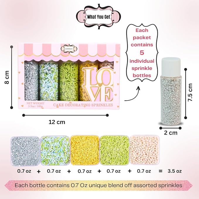 Confect Edible Sprinkles for Cakes & Cupcakes Decoration Assorted pack of 5 Summer Fun Sprinkles Mix White Dragees Green Yellow Blue Jimmies Silver Sparkling Sugar | Vegan, Gluten-Free, Nut-Free, Soy-Free, Dairy-Free, Palm Oil-Free - 5 Oz
