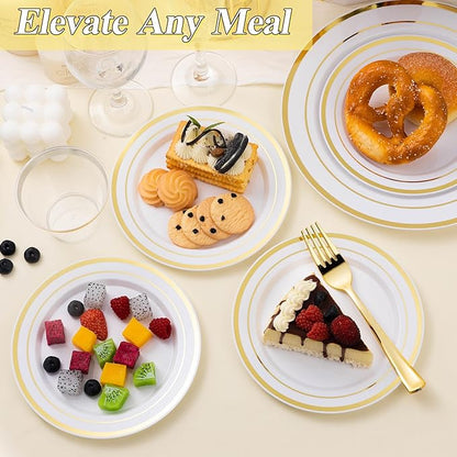 200PCS Gold Plastic Plates Set, 100 10.25 inch Dinner Plate and 100 7.5 inch Dessert Plates, Premium Disposable Plates for Party, Wedding
