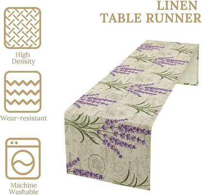 Floral Lavender Table Runner,Vintage Rustic Country Romantic Purple Flower Pattern Print Burlap for Hotel Indoors Outdoor Dining Room Kitchen Home Decor, 13x70in