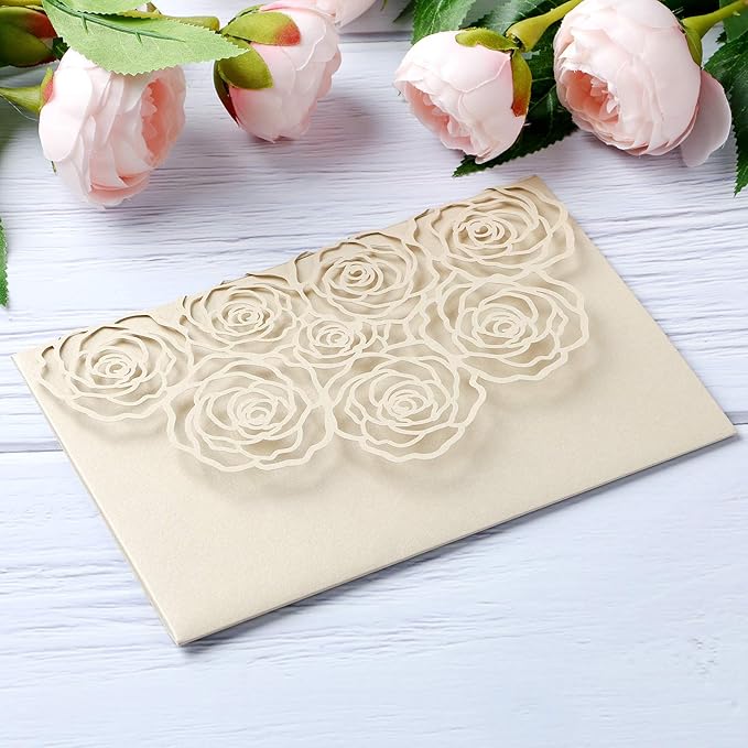 20 Pcs Laser Cut Wedding Invitations Card Pocket with Envelope for Birthday Party Baby or Bride Shower Invite suitable for 5 * 7 Inches Insert Paper (Champagne)