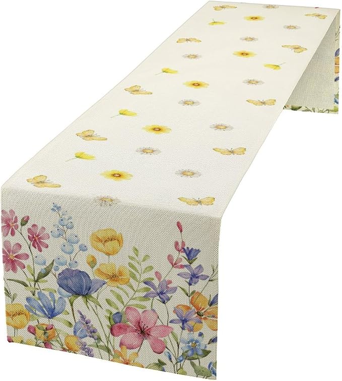 Flower Table Runner, Colorful Watercolor Pink Flower Plants Nature Butterfly Table Runner for Kitchen Dinner Living Room Home Party, 13x70 Inch