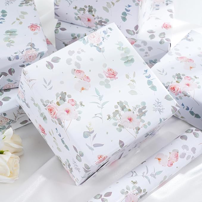 Ulmasinn Floral Wrapping Paper Roll - 17 Inches x 33 Feet - Vintage Romantic Rose Flower Gift Wrap with Cut Lines for Wedding, Birthday, Bridal Shower, Mother’s Day