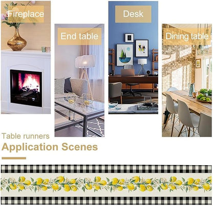 Lemon Table Runner,Black Buffalo Plaid Lemon Table Runner Farmhouse Style Spring Summer Home Kitchen Dinding Room Table Decoration 13x36 Inch