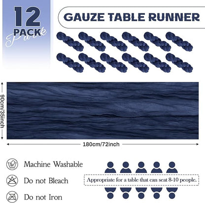 Aktor 12 Pack Navy Blue Table Runner Boho Cheesecloth Table Runner Semi Sheer Gauze Fabric Runners for Wedding Birthday Baby Shower Party Boho Table Decoration（Navy Blue）