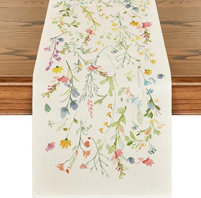 Artoid Mode Wildflowers Bloom Flowers Spring Table Runner, Seasonal Summer Floral Kitchen Dining Table Decoration for Home Party Decor 13x90 Inch