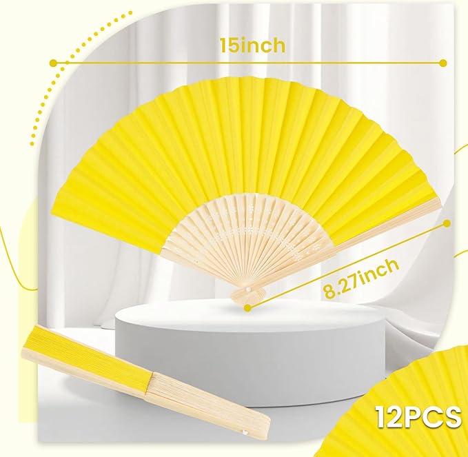 JOHOUSE 12 Pcs Paper Folding Hand Fans, 8.3 Inch Lemon Yellow Paper Fans Handheld Portable Decorative Accessories for Wedding, Lemon Party Decorations, Bridal Shower DIY Crafts