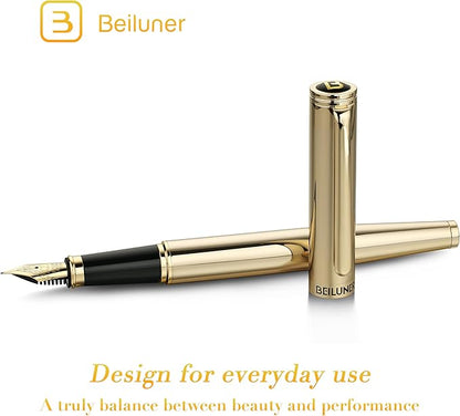 BEILUNER Gold Fountain Pen,Stunning Luxury Pens with 24K Gold Finish, Gorgeous 24K Gilded Nib(Fine), Trustworthy Pen Gift for Men&Women -Ink Converter-Elegant, Professional, Nice Pen for Writing