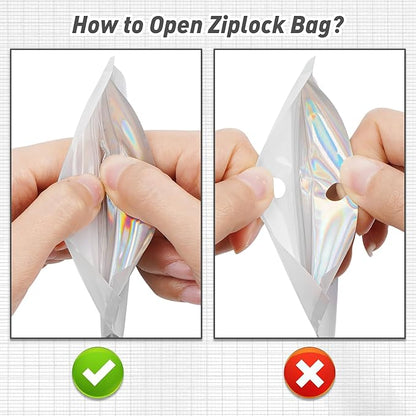 Funfery 100 Pack Gradient Holographic Bags,Resealable Bags with Zipper,Clear Window Packaging Pouchs,Foil Bag for Food Storage,Small Business,Sample Jewelry Bag(3×4.7In,White Black)