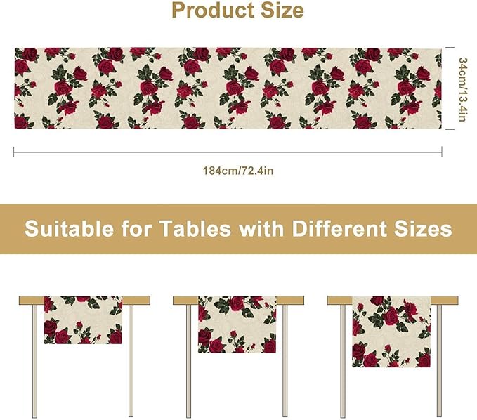 Vintage Rose Table Runner, Red Flowers Green Leaves Valentine's Day Table Runner for Kitchen Dinning Table Runner Decor Home Wedding Party Holiday, 13x90 Inch