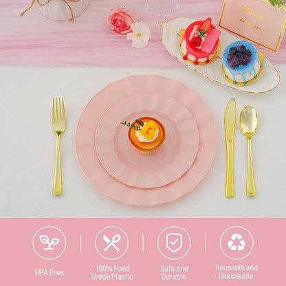 60Pcs Premium Pink Plastic Plates, Fancy Nice Disposable Plate, Elegant Wedding Plates Set include 30 10" Dinner & 30 7" Dessert Plates for Party & Wedding（30Guests