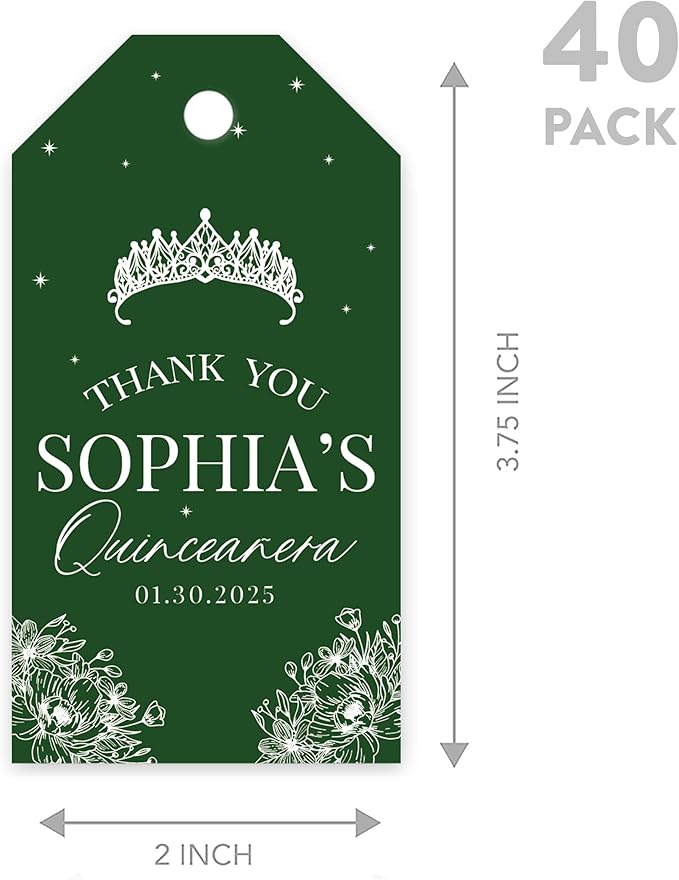 Andaz Press 40-Pack Personalized Quinceañera Favor Tags with String, Crown Floral Line Custom Classic Thank You Gift Tags for Quince Años XV 15th Birthday Favor Gifts Quinceanera Decorations