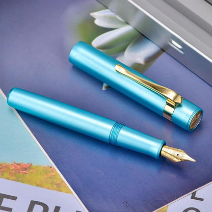 HONG DIAN M2 Black Forest Mini Fountain Pen, Bent Nib & Sleek Shape Aluminium Short Pocket Travel Pen (Lake Blue)