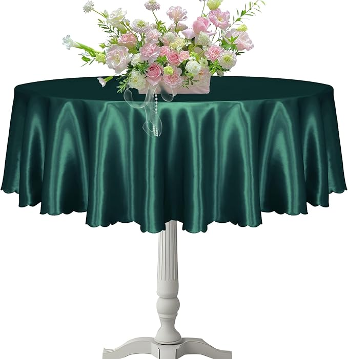 KKJIAF 1 Pack 60 Inch / 5ft Round Table Cloth, Hunter Green Overlay Round Satin Table Cover, Silky Satin Dining Tablecloths for Wedding Buffet Parties Banquet Decoration