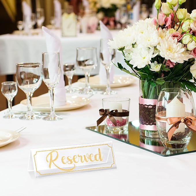 Jetec 16 Pieces Reserved Sign Acrylic Clear Reserved Table Tent Signs Table Number Holders for Wedding Printed Seating Reservation Restaurant Business Office Meeting Party (Gold)