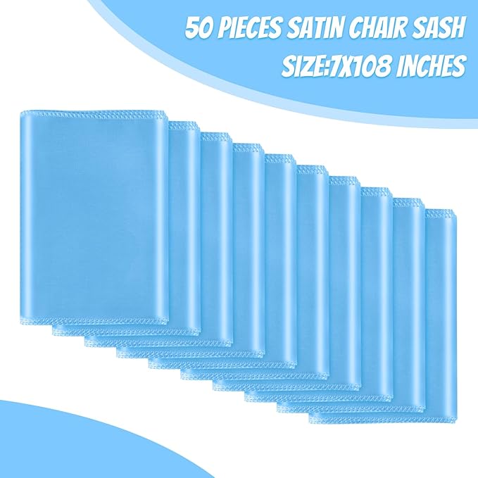 50 PCS Baby Blue Satin Chair Sashes Bows Universal Chair Ribbon Ties Back Sash for Wedding Party Reception Events Banquets Hotel Event Chair Cover Decoration (7x108 inch)