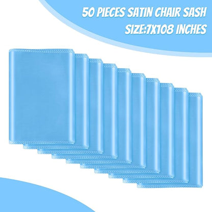 50 PCS Baby Blue Satin Chair Sashes Bows Universal Chair Ribbon Ties Back Sash for Wedding Party Reception Events Banquets Hotel Event Chair Cover Decoration (7x108 inch)